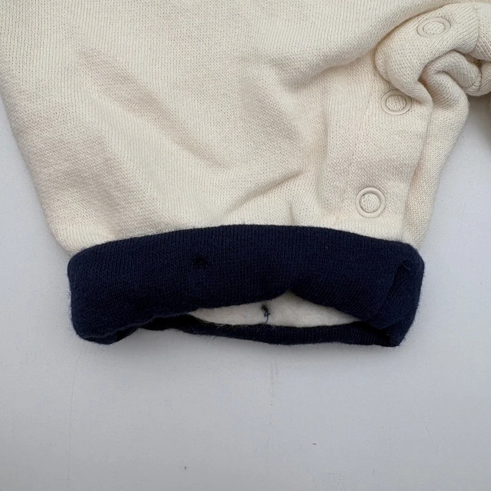 VTG Miniwear Baby Hooded Romper Cream Navy Puppy Embroidery 0-3M Fleece Lined‎